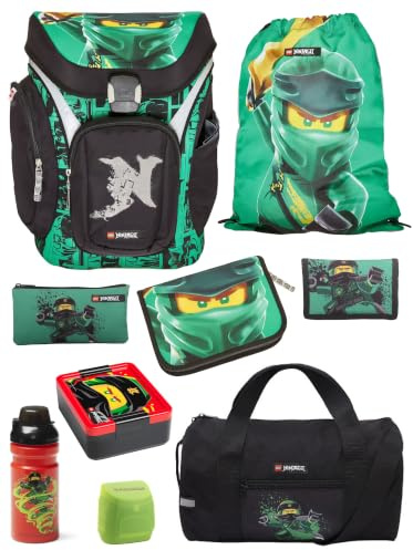 Familando - Schulranzen Set 9-teilig mit Sporttasche - Ninjago Grün - Ergonomisch, stabil & mit gepolstertem Rücken - 1250g leicht mit 16L Volumen - wasserabweisend und mit Reflektoren - Ab 1. Klasse