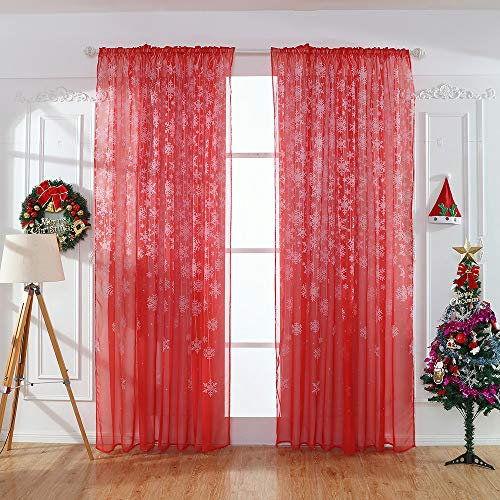 SO-buts - Tenda trasparente in tulle con fiocco di neve, drappeggio per finestra, mantovana invernale natalizia, decorazione per casa, camera da letto e soggiorno (rosso, 100 x 200 cm)