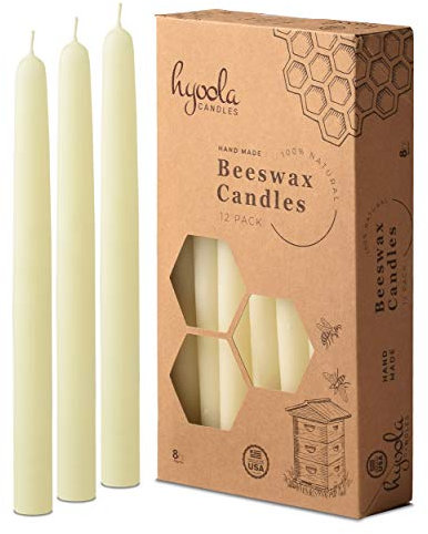 8 Beeswax Taper Candles 12 Pack - Handmade, All Natural, 100% Pure Unscented Bee Wax Candle - Tall, Decorative, White - 8 Hour Burn Time