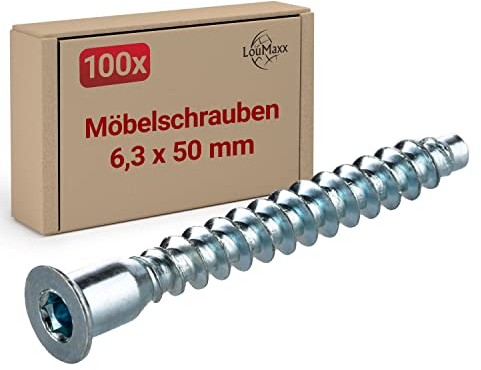LouMaxx Vite di collegamento 6,3 x 50 mm, set da 100 connettori per armadi in acciaio zincato, esagono incassato, vite per mobili con testa svasata per un collegamento stabile