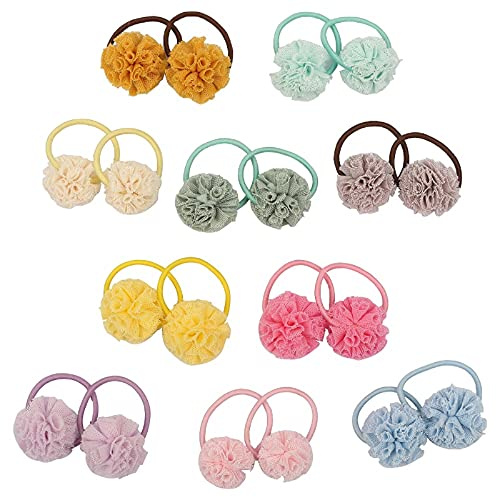 Hot&Sattion 20pcs Baby Toddler Flower Pom Ball Hair Ties for Girls, Small Hair Ties for Kids, Multicolor No-metal Hair Elastics Stretchy Ponytail Holders