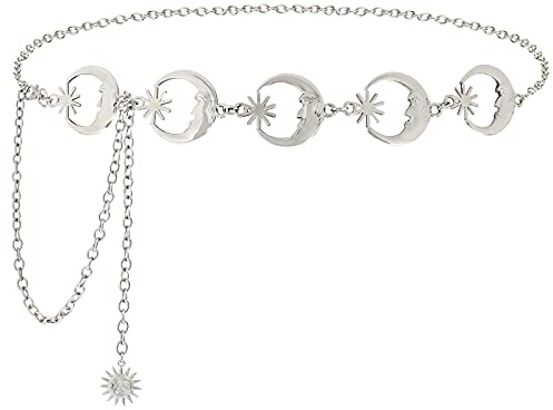 WERFORU Women Chain Belt Stars Moon Waist Chain Fashion Adjustable Metal Link Decorative Belt for Dresses Jeans Silver