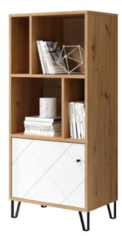 trendteam smart living - Touch - Regal - Weiß/Eiche - Standregal mit 1 Tür und 4 offenen Fächern - Fronten mit dekorativer Fräsung - (BxHxT) 63 x 136 x 40 cm- extravagante schwarze Metallfüße | B 63 x H 136 x T 40 cm · Soft-Close-Dämpfer · 12 cm Metallbeine · 1 Tür, 4 offene Fächer