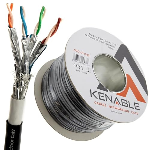 kenable CAT7 Outdoor Ethernet Cable 100m Reel Direct Burial Gel Filled Copper Network Cable Weatherproof UV Resistant 23AWG 10Gbps 600MHz Black