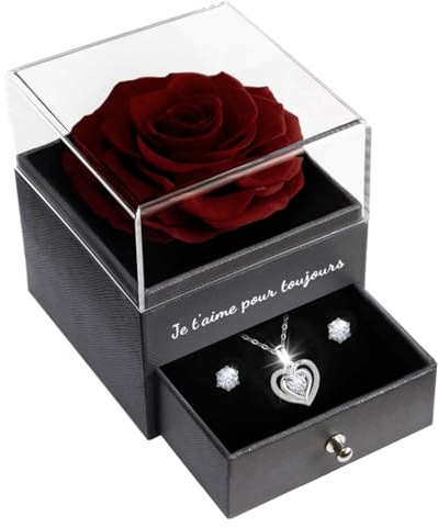 Sunia Rose Eternelle avec Bijoux Argent 925,Collier Coeur Boucles d'oreilles,Coffret Cadeau Femme,Rose Préservée avec Collier,Cadeau Anniversaire Femme,Amour Cadeau,Fete des Meres,Noël,Saint-Valentin