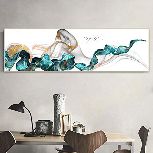 XIANGPEIFBH Nordische abstrakte blaue goldene Leinwandmalerei Poster und Drucke moderne einzigartige Dekorwandkunstbilder für Wohnzimmer Schlafzimmer 40 x 120 cm (16 x 47 Zoll) Innenrahmen