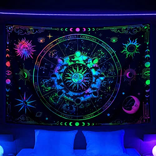 Zodiac Astrology Blacklight Tapestry UV Reactive, Constellation Sun and Moon Stars Black Light Art Poster for Men Room Bedroom Decor, Psychedelic Glow in the Dark Blanket Party Decor 60X40