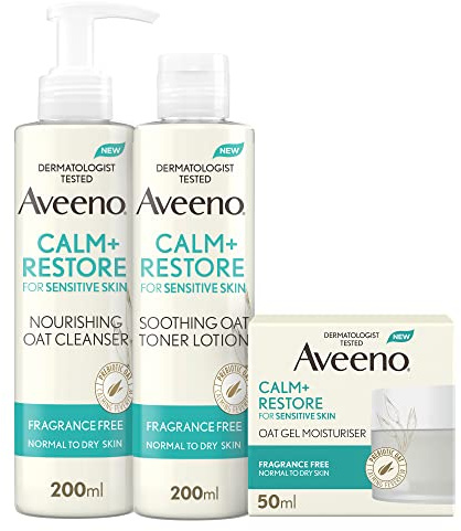 Aveeno Face Calm+Restore 3-Step Face Care Bundle, Gentle Skincare Bundle with Nourishing Oat Cleanser, Soothing Oat Toning Lotion, Oat Gel Moisturiser, For Sensitive Skin