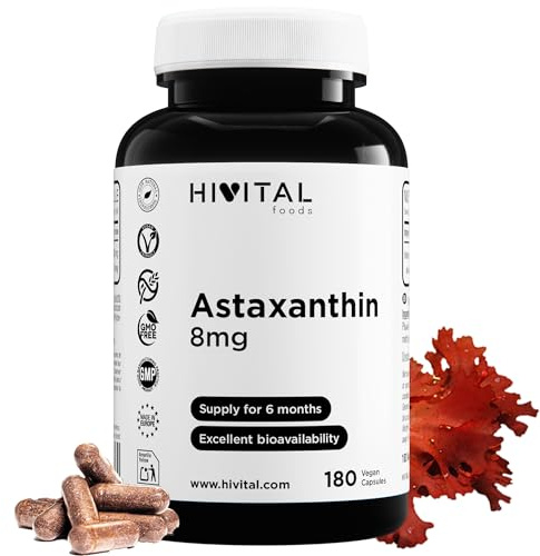 Astaxantina pura 8 mg. 180 cápsulas veganas para 6 meses de tratamiento. | Procedente de 160 mg de Alga Natural Haematococcus Pluvialis al 5% en Astaxanthin. Fabricado en España por HIVITAL