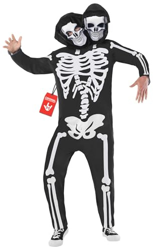 Morph Skeleton kostym män, 2-huvudade skelettdräkter för män, skelettdräkt vuxna män, män halloween kostymer vuxen