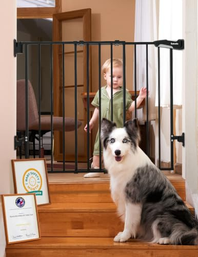 Babelio Baby Gate for Stairs, Kitchen & Doorways, No Bottom Bar| One-Handed Operation| Auto-Close| Hardware Mount (Drill Needed) Safety Dog/Pet Gate (Black - B17, 26-43 W, 28 H)