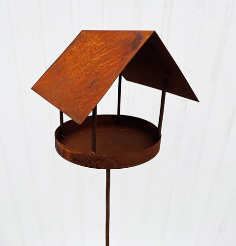 Vogelhaus 20x18cm + Stab zum Beleuchten Windlicht Teelicht Meisenknödel Futterhaus Edelrost Gartendeko Metall Rost
