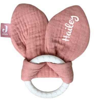 Niedlicher Greifling Baby mit Hasenohren in rosa I hochwertiges Greifspielzeug Baby I Greifring personalisiert Baby ab 0 Monaten I süßer Baby Greifling mit Namen