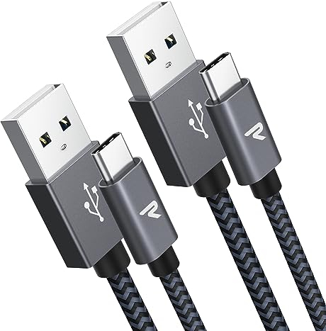 RAMPOW Cable USB C, Charge Rapide 3A QC3.0, Cable Chargeur USB C Cable Nylon Tressé Compatible avec iPhone 17 Pro Max Air 16/15, SamsungS22/S21/S20/S10, Xiaomi, Sony-Gris Sidéral/1M+1M