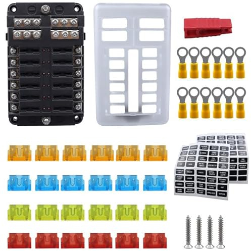 12 Poliger Flachsicherungs Block,Asudaro 12v Sicherungskasten Kfz Sicherungskasten Mit Led Anzeige Feuchtigkeitsfeste Abdeckung Für Automobile, Lkw, Boote, Marine, Wohnmobile, Vans, Yachten Schwarz