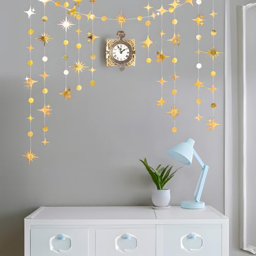 SHOWLL 52 Fuß Gold Vierzackiger Stern Papier Girlande Deko,Birthday Decorations,Gold Reflektierende Papiergirlande, Dekorationen Für Geburtstag Festival Kindergeburtstag Hochzeit Weihnachten Party