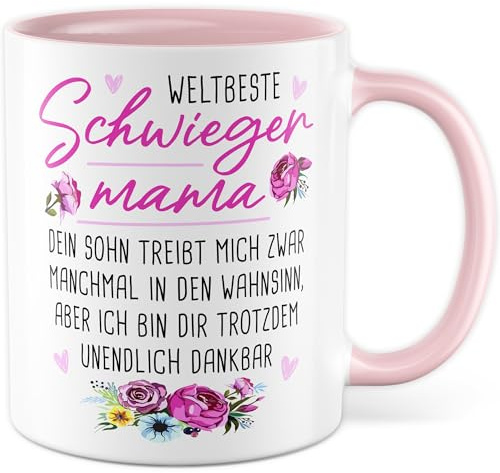 Schwiegermama Tasse mit Spruch Geschenk Dein Sohn treibt mich zwar manchmal in den Wahnsinn, aber ich bin dir trotzdem unendlich dankbar Kaffeetasse 330ml aus Keramik