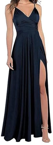 xxxiticat Abito da donna con scollo a V, spalline sottili, lungo, in raso, linea ad A, per damigella d'onore, formale, in raso, con spacco, Blu mezzanotte, XL