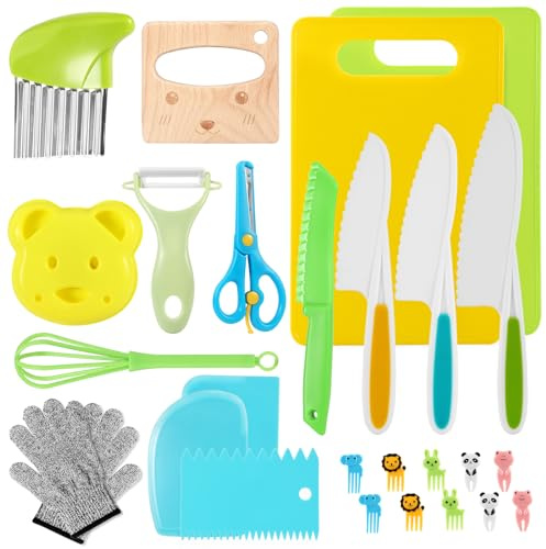 Kindermesser 27-teiliges Kinder Küchenmesser Set, Sicherheit Kochmesser | zum Schneiden Kochen von Obst oder Gemüse, mit Holzmesser Schneidebrett Schäler Schere und Handschuhe