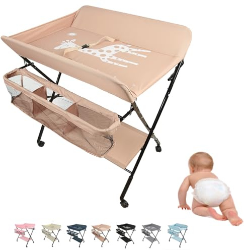 MUL-BOUTIQUE Wickeltisch, faltbar, abnehmbarer Wickeltisch mit Ösen und Aufbewahrungskorb, tragbar, höhenverstellbar, für Babys, 80 x 66 x 98 cm (Hellrosa, 80 x 66 x 98 cm)