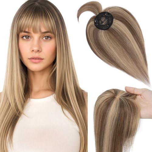 Elailite Hair Topper Echthaar, Toupet Damen mit langem Pony, Clip in Haarteil, Haartopper Basis 10x10cm (keine Zeile), 30cm #4P27 Mittelbraun/Honigblond