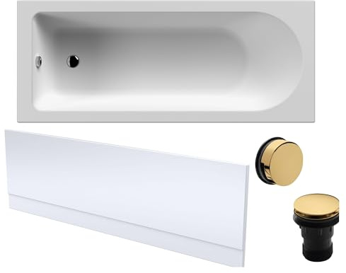 Balterley 1700 x 700mm Round Shower Bath with Leg Set, Brushed Brass Waste & Front Bath Panel, Straight Single Ended Gloss White Soaking Bathtubs, Rectangular Soaking Bathtub, Acrylic Baths