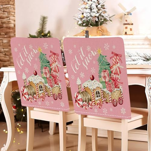 Hiseng Weihnachten Stuhlhussen Rosa Stuhlrückenbezug 2/4/6/8er Set, 58x49cm Schutzhülle Baumwoll-Leinen Weihnachten Dekoration für Esszimmerstühle, Party (Plätzchen-Zug,4er Set)