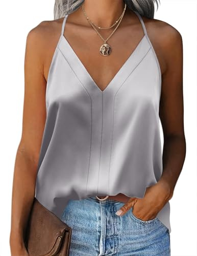 Zeagoo Damer satin cami top undertröjor spagettiremmar basic topp justerbar spaghetti rem V-ringad camisole linne topp, GRÅ, S