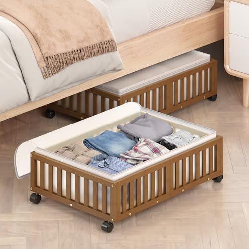 Aufbewahrungsbehälter unter dem Bett mit Rollen, 2 Stück, Bambus unter dem Bett, Schuhaufbewahrungsbehälter, Holzschubladen, Organizer für Schlafzimmer, Schrank, Kleidung, Decke, Tröster unter dem