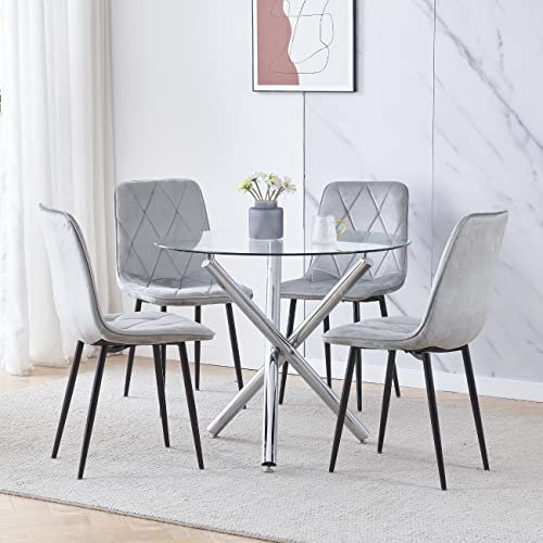 Moderno juego de mesa de comedor redonda de cristal con 4 sillas de terciopelo gris, perfecto para espacios pequeños en casa, oficina, restaurante o área de recepción