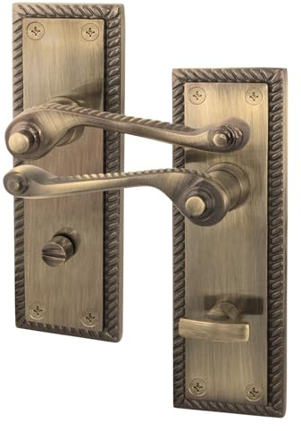 EAI Antique Brass Door Handles Bathroom, 1 Pair on Backplate - Rope Scroll | 1 Pair of Georgian Scroll Roped Edge Lever on Backplate Internal Door Handles for Bathroom, Fixings Included