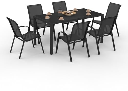 IDMarket - Salón de jardín Madrid Mesa 150 cms y 6 sillas apilables Negro