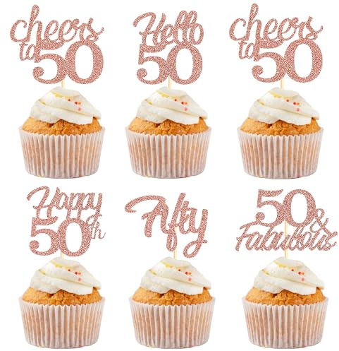 Sotpot 30 pack Happy 50th Birthday Cupcake Toppers Rose Gold Glitter 50 Fabulous Cheers to 50 Cupcake Decorations for 50th Birthday Anniversary Party Supplies