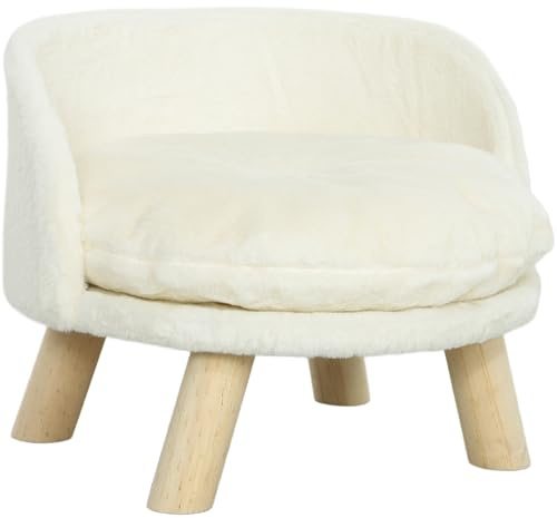 PawHut Hundesofa Hundecouch mit Kissen, Holzbeine, Abwaschbares Hundebett erhöhtes Haustiersofa Katzensofa für kleine Hunde, 40,5 x 40,5 x 33 cm Cremeweiß