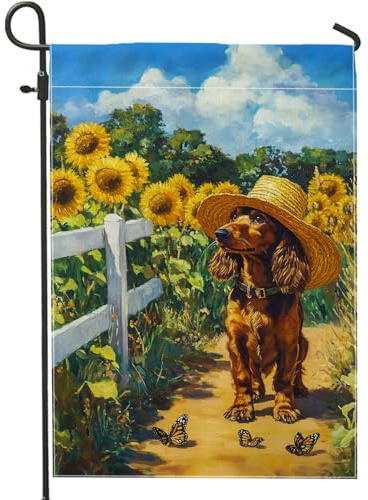 Sommer-Sonnenblumen-Gartenflagge, brauner Hund mit Strohhut, Schmetterling, Outdoor-Dekoration, doppelseitige Hofflagge für Tierliebhaber, Heimdekoration, 30,5 x 45,7 cm