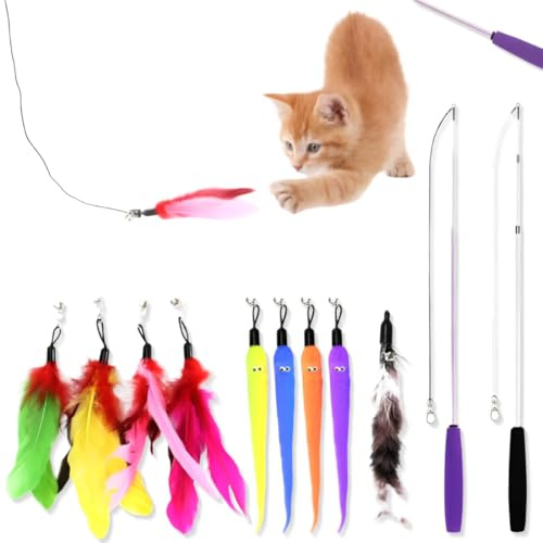 Canna da Gioco con Piume, Bacchetta per Gatto, Giochi e Giocattoli Interattivi per Gatti, 2 Bacchette Retrattili, 9 Teaser di Piume di Ricambio con Campana, 11 Pezzi