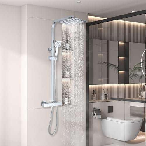 Columna de ducha termostática, con ducha de techo cuadrado de 20 cm, sistema de ducha termostático de 38 °C, columna de ducha ajustable altura entre