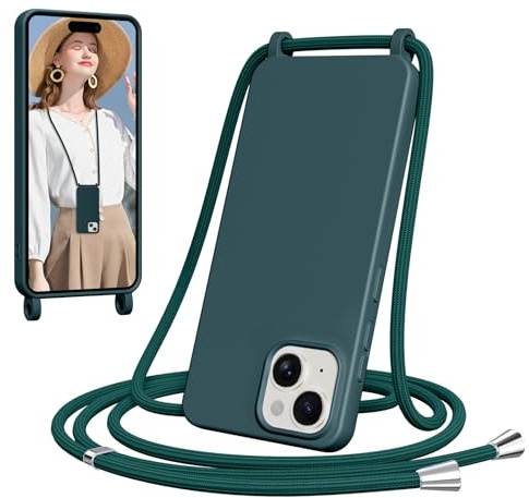 Yxnvixn Crossbody Lanyard Case for iPhone 15, Liquid Silicone Shockproof Protective Mobile Phone Cover with Strap Adjustable Neck Cord Necklace TPU Soft Shell for iPhone 15, Dark Green