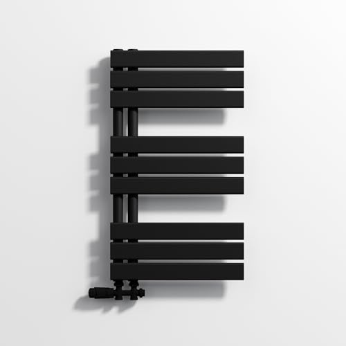 VANCOCO Radiador de baño radiador para baño, calentador de toallas, negro, plano, 800 x 450 cm, con conexión lateral 50