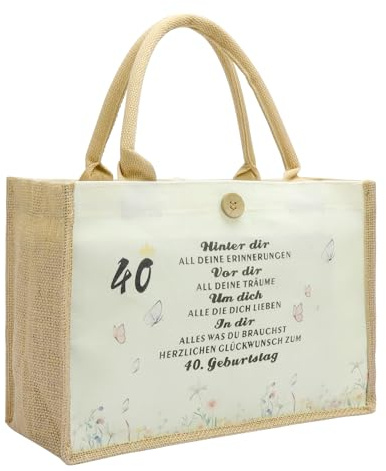 KQDRAVINE Jutetasche 40 Geburtstag Geschenk Frau, Nachhaltige Jutebeutel Einkaufstasche Shopper, Faltbar Wiederverwendbar Stofftasche für Mama Freundin Kollegin Mutter Party Strandtasche