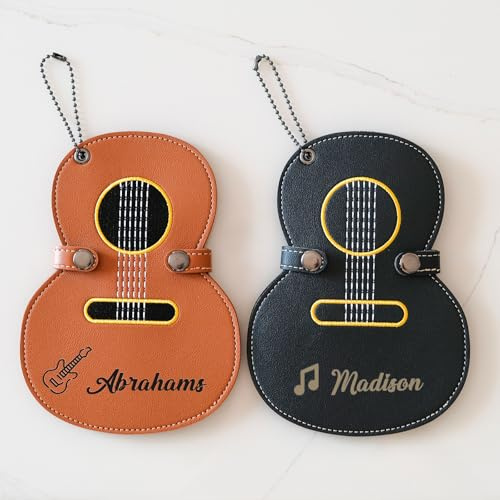 FKF Personalisierter Gitarren-Plektrenhalter aus Holz, Gitarrenständer mit 3 Plektren, Individuell Graviert (Ledergitarre)