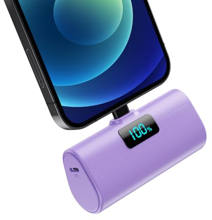 Batterie Externe pour iPhone, 5200mAh Mini Power Bank 20W PD Charge Rapide Chargeur Externe avec Écran LCD, Ultra-compact&Légère Batterie Portable Compatible avec iPohone 14/13/12/11/XR/X/8/SE(Violet)