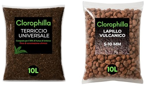 Clorophilla Kit Terriccio Universale + Lapillo Vulcanico 5–10 mm – Substrato Naturale per Piante, Drenaggio e Rinvaso – Uso Interno ed Esterno (KIT 10L+10L)