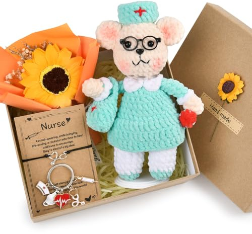 Nurses Week Gifts for Women, Handmade Crochet Bear Graduation Gift set for RN Registered Nurse Practitioner, for Birthday, Christmas, Stocking Stuffers, Bulk Appreciation Gifts for Hospital Staff