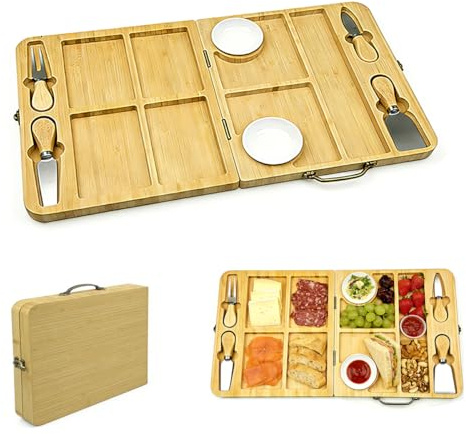 Bamboo Cheese Board and Knife Set,7 Compartments Foldable Board | With 4 Cheese Knives & 2 Dip Bowls,Perfect For Entertaining,Gifts For Cheese Lovers,Christmas,Housewarming