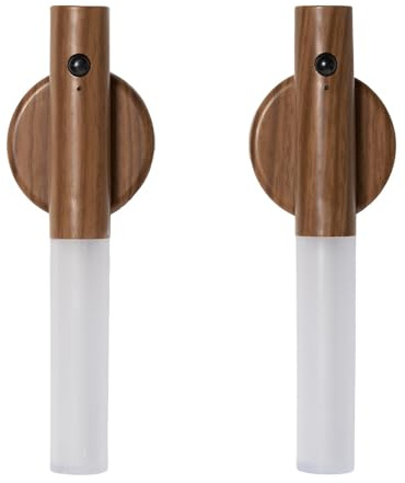 OHS Motion Sensor Lights Indoor Rechargeable Wall Lights 2 Pack, Wood | Magnetic Stick‑On Night Light Type-C Charging Battery Operated Wall Lights Removable Wireless for Living Room Bedroom Hallway
