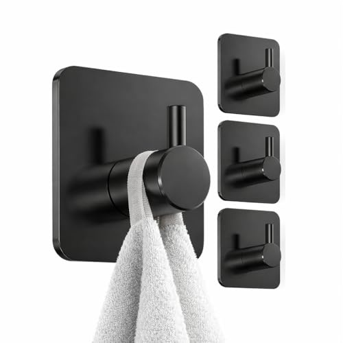LORINIFY Handtuchhaken ohne Bohren – 4er Set Badezimmer Haken Schwarz – Selbstklebend Wandhaken für Bad & Küche