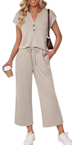 OLIPHEE Tuta Donna Estivi Lounge Set 2 Pezzi con Tshirt Scollo a V e Pantaloni Jogging Completi Donna Spiaggia Vacanza Outfit Sportivi Yoga Fitness Primavera Tracksuit Palestra Ginnastica