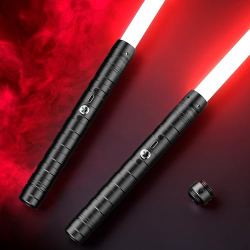Laserschwert Kinder,Duell Lichtschwerter 2er Set 15 Soundeffekten & 4Farben Abnehmbare Lichtschwert doppelseitige Klinge vibrierenden Metallgriff Lichtschwerter