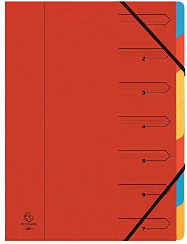 Exacompta 54075E Premium Ordnungsmappe geheftet. Aus extra starkem Colorspan-Karton DIN A4 7 vollfarbige bunte Fächer und 2 Gummizüge mit Organisationsdruck Ringmappe Register-Mappe rot